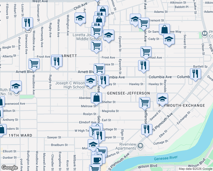 map of restaurants, bars, coffee shops, grocery stores, and more near 571 Flint Street in Rochester