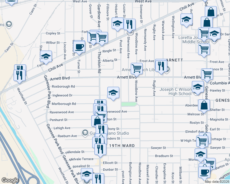 map of restaurants, bars, coffee shops, grocery stores, and more near 94 Colgate Street in Rochester