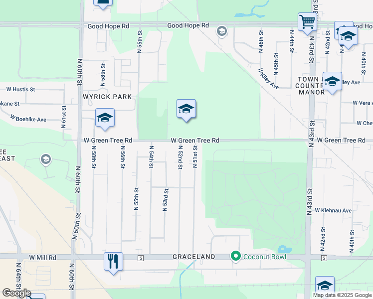map of restaurants, bars, coffee shops, grocery stores, and more near 6722 North 52nd Street in Milwaukee