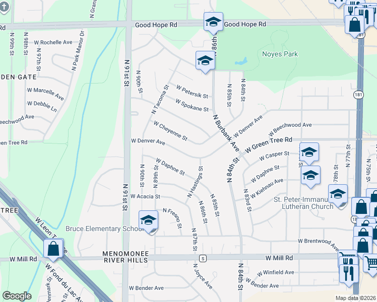 map of restaurants, bars, coffee shops, grocery stores, and more near 8625 West Denver Avenue in Milwaukee