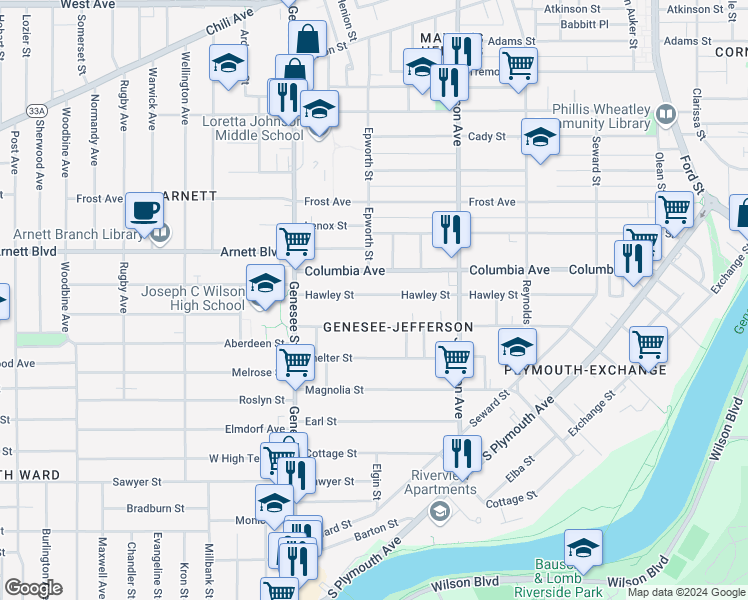 map of restaurants, bars, coffee shops, grocery stores, and more near 407 Hawley Street in Rochester
