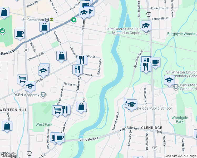 map of restaurants, bars, coffee shops, grocery stores, and more near 55 Kent Street in St. Catharines