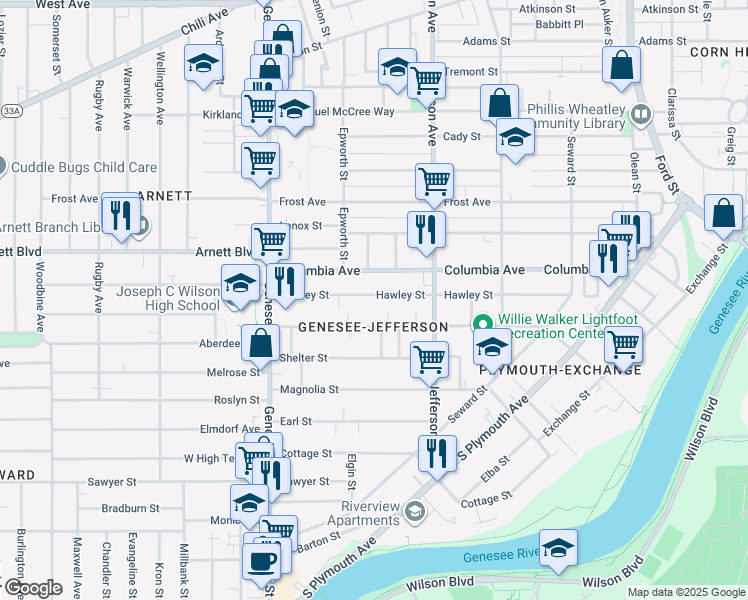 map of restaurants, bars, coffee shops, grocery stores, and more near 418 Flint Street in Rochester
