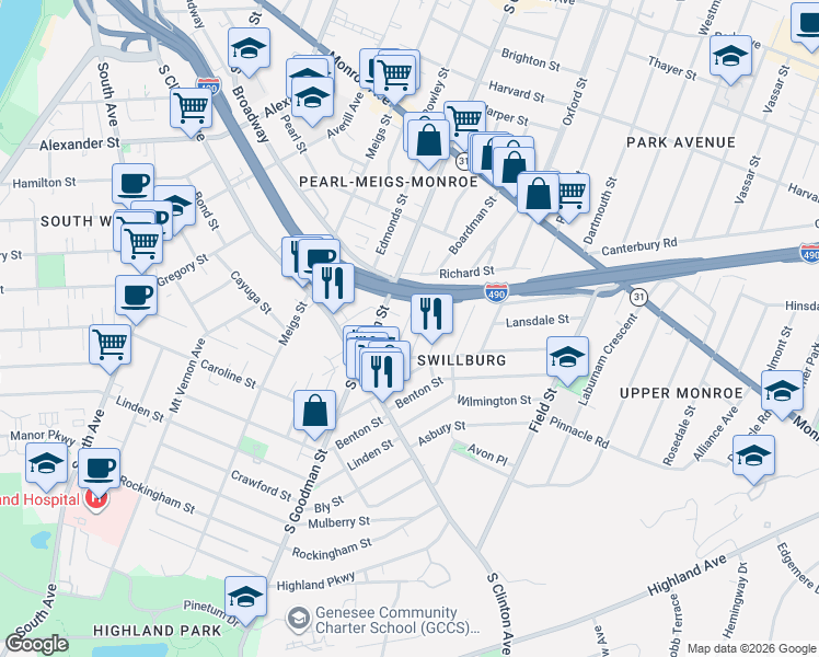 map of restaurants, bars, coffee shops, grocery stores, and more near 76 Henrietta Street in Rochester