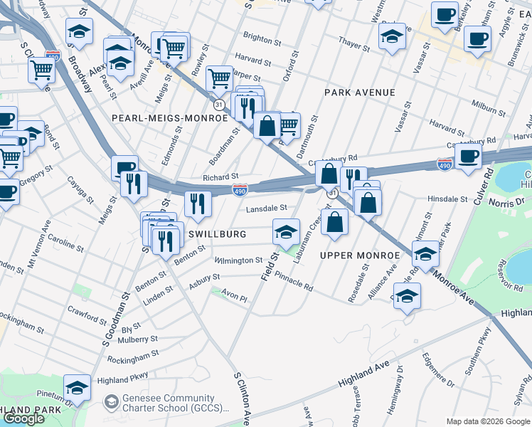 map of restaurants, bars, coffee shops, grocery stores, and more near 231 Henrietta Street in Rochester