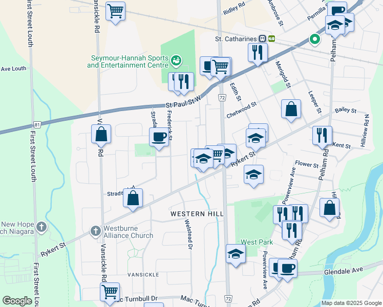 map of restaurants, bars, coffee shops, grocery stores, and more near 22 Westdale Drive in Saint Catharines