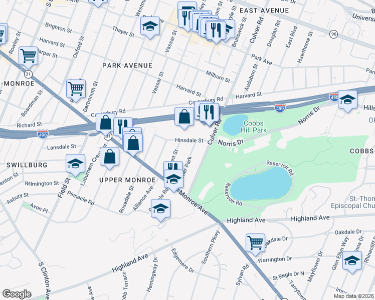 map of restaurants, bars, coffee shops, grocery stores, and more near 66 Hinsdale Street in Rochester