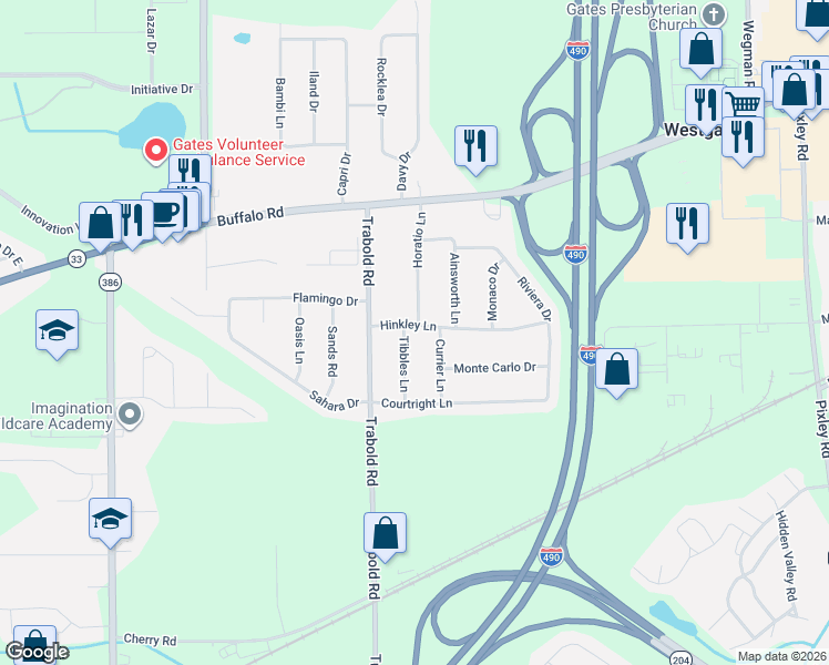 map of restaurants, bars, coffee shops, grocery stores, and more near 22 Horatio Lane in Rochester