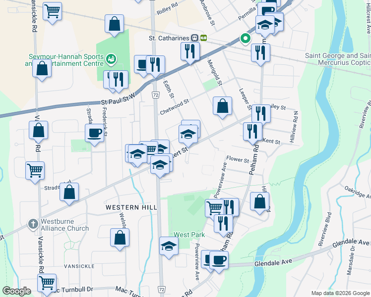 map of restaurants, bars, coffee shops, grocery stores, and more near Rykert Street in Saint Catharines