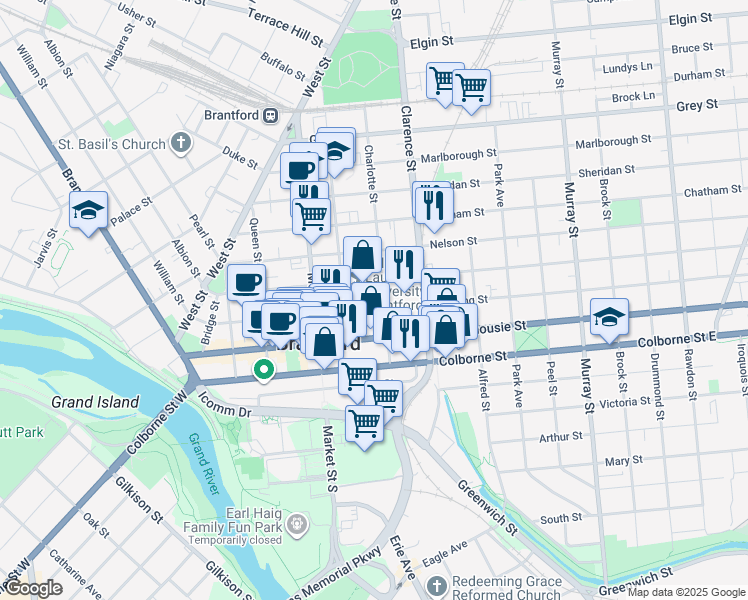 map of restaurants, bars, coffee shops, grocery stores, and more near 120 Darling Street in Brantford