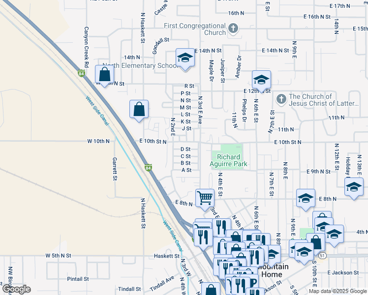map of restaurants, bars, coffee shops, grocery stores, and more near 199 E Street in Mountain Home