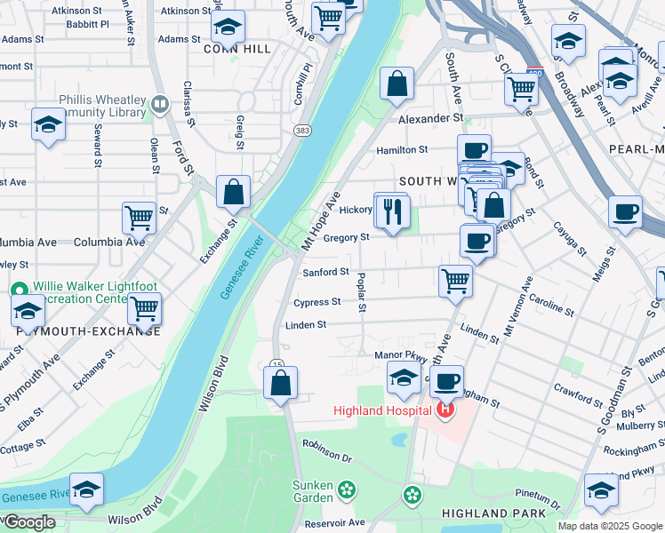 map of restaurants, bars, coffee shops, grocery stores, and more near 64 Sanford Street in Rochester