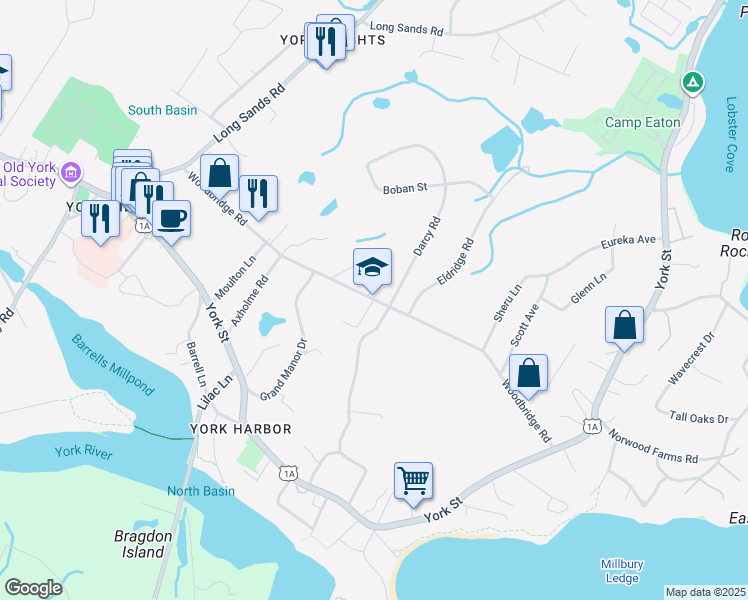 map of restaurants, bars, coffee shops, grocery stores, and more near Woodbridge Road in York