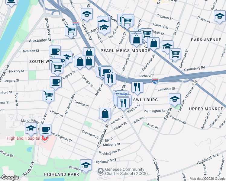 map of restaurants, bars, coffee shops, grocery stores, and more near 888 South Clinton Avenue in Rochester