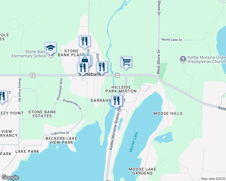 map of restaurants, bars, coffee shops, grocery stores, and more near N67W33303 County Highway K in Oconomowoc