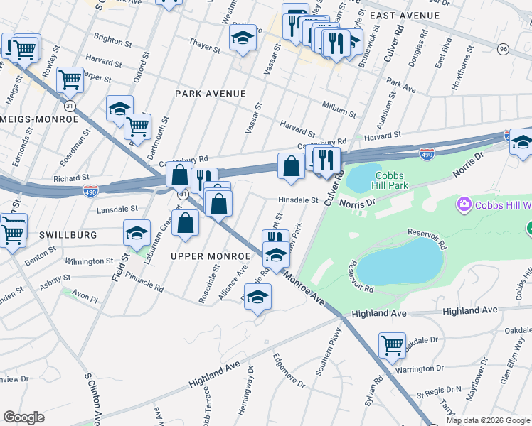 map of restaurants, bars, coffee shops, grocery stores, and more near 28 Hinsdale Street in Rochester