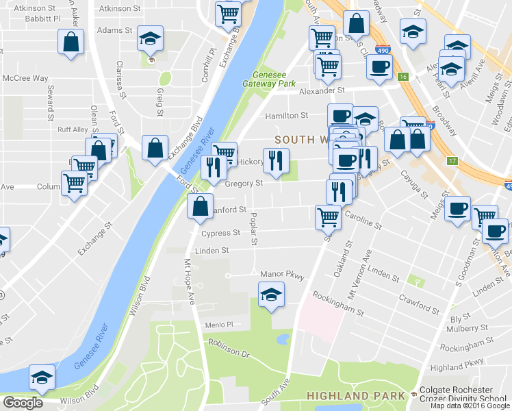 map of restaurants, bars, coffee shops, grocery stores, and more near 91 Gregory Street in Rochester