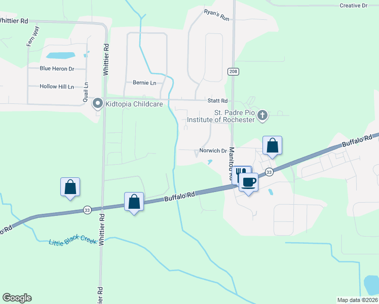 map of restaurants, bars, coffee shops, grocery stores, and more near 158 Norwich Drive in Rochester