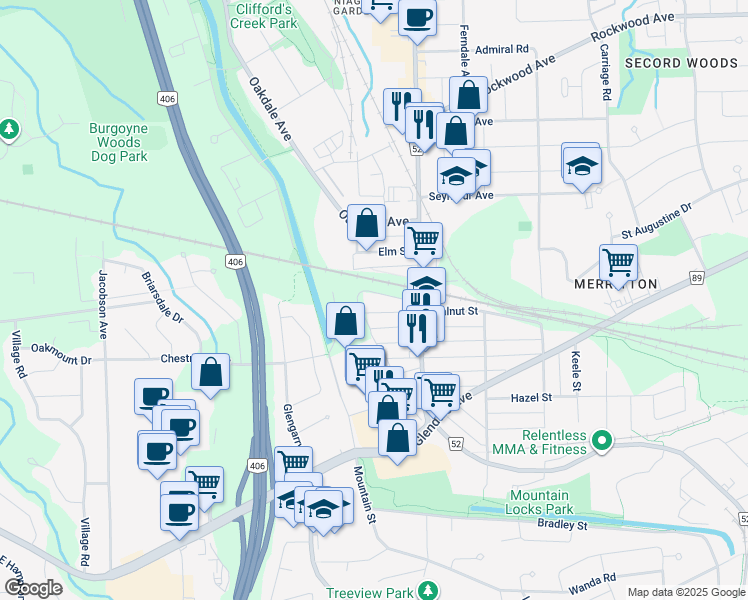 map of restaurants, bars, coffee shops, grocery stores, and more near 1 Birch St in St. Catharines