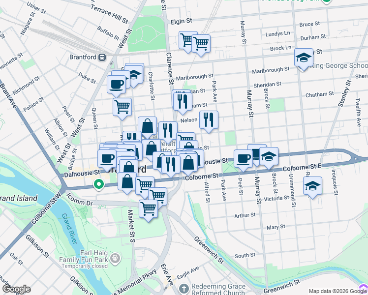 map of restaurants, bars, coffee shops, grocery stores, and more near 141 Wellington Street in Brantford