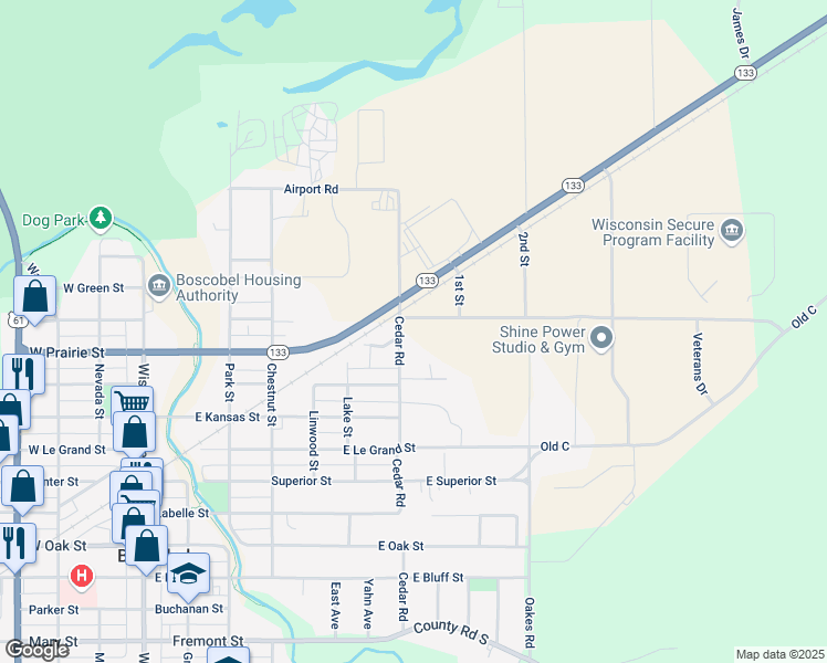 map of restaurants, bars, coffee shops, grocery stores, and more near 401 Cedar Road in Boscobel