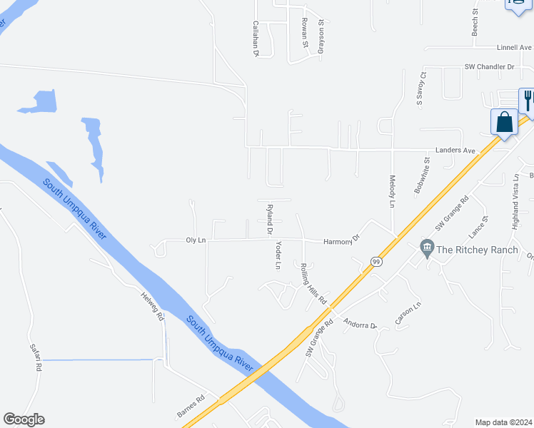 map of restaurants, bars, coffee shops, grocery stores, and more near 176 Ryland Drive in Roseburg