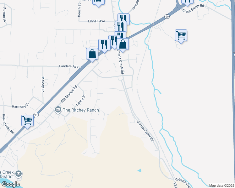 map of restaurants, bars, coffee shops, grocery stores, and more near 209 Dodson View Road in Roseburg