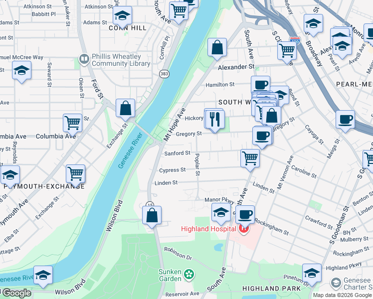 map of restaurants, bars, coffee shops, grocery stores, and more near 43 Gregory Street in Rochester