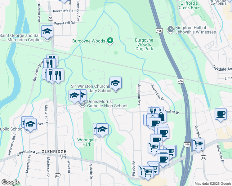 map of restaurants, bars, coffee shops, grocery stores, and more near 101 Glen Morris Drive in St. Catharines