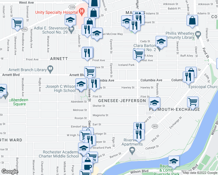 map of restaurants, bars, coffee shops, grocery stores, and more near 423 Hawley Street in Rochester