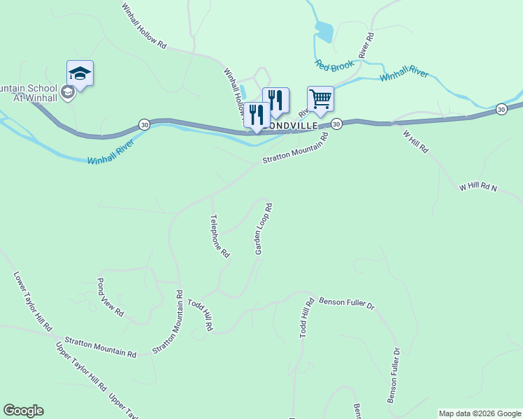 map of restaurants, bars, coffee shops, grocery stores, and more near 30 Garden Loop Rd in Winhall