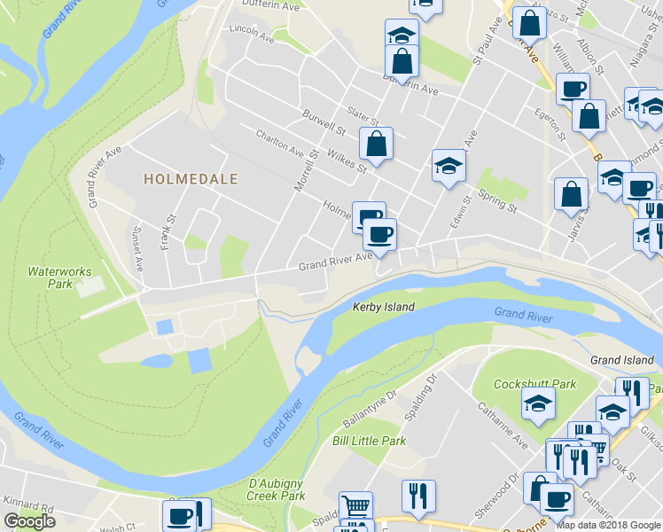 map of restaurants, bars, coffee shops, grocery stores, and more near 256 Grand River Avenue in Brantford