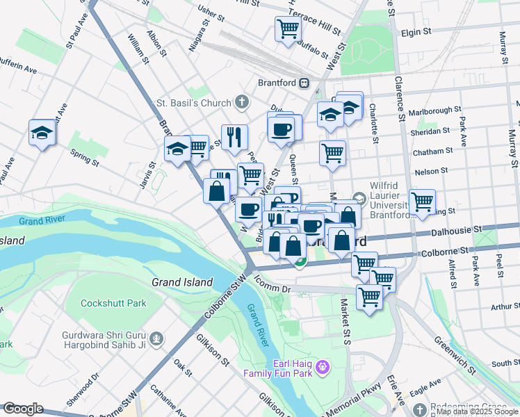 map of restaurants, bars, coffee shops, grocery stores, and more near 1 Wellington Street in Brantford