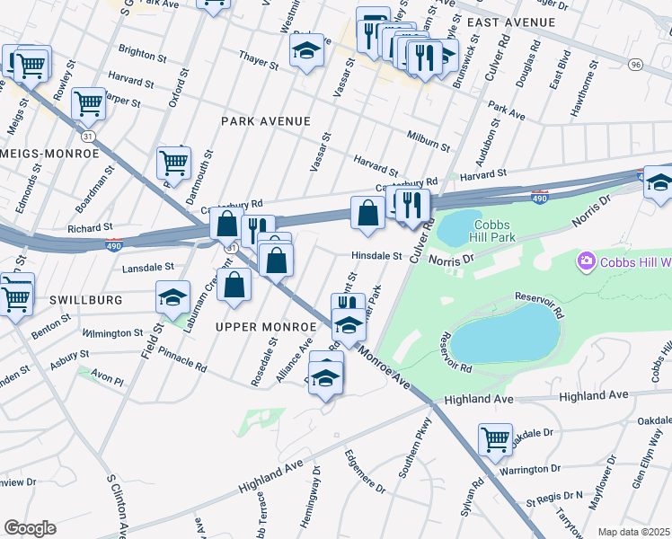 map of restaurants, bars, coffee shops, grocery stores, and more near 78 Avondale Park in Rochester