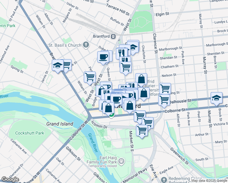 map of restaurants, bars, coffee shops, grocery stores, and more near in Brantford
