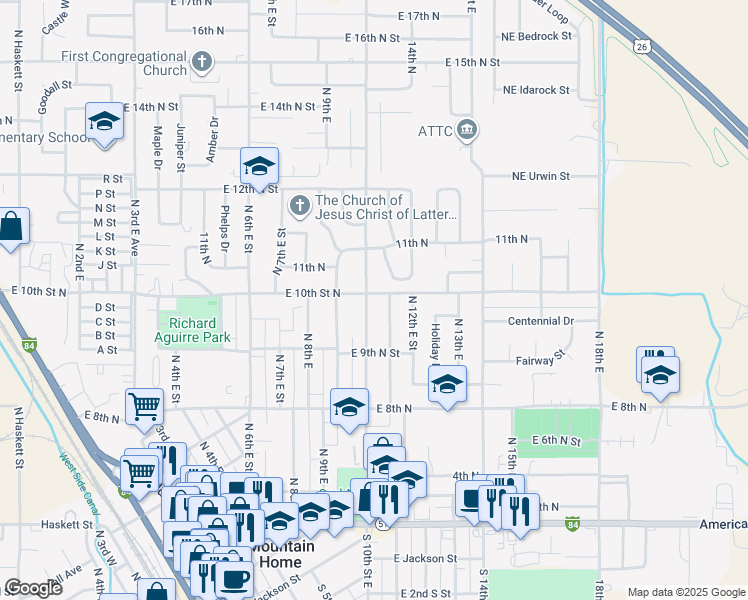 map of restaurants, bars, coffee shops, grocery stores, and more near 1015 North 10th East Street in Mountain Home