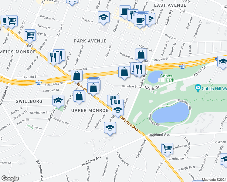 map of restaurants, bars, coffee shops, grocery stores, and more near 28 Hinsdale Street in Rochester