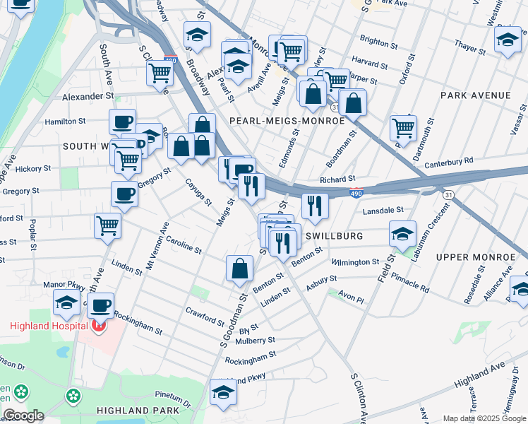 map of restaurants, bars, coffee shops, grocery stores, and more near 854 South Clinton Avenue in Rochester
