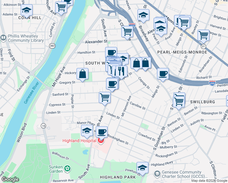 map of restaurants, bars, coffee shops, grocery stores, and more near in Rochester