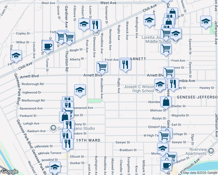 map of restaurants, bars, coffee shops, grocery stores, and more near 296 Aldine Street in Rochester