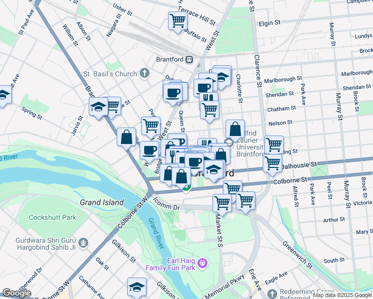 map of restaurants, bars, coffee shops, grocery stores, and more near in Brantford