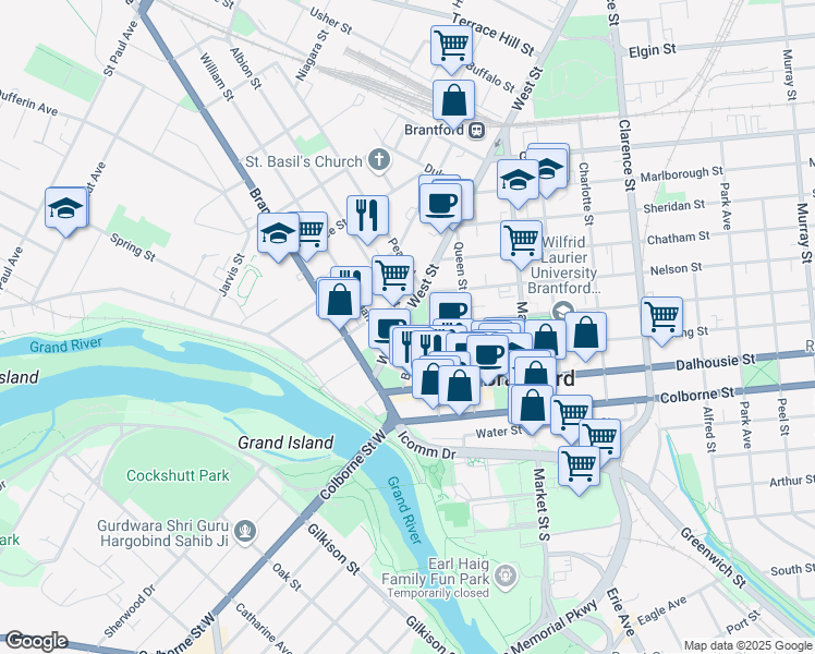 map of restaurants, bars, coffee shops, grocery stores, and more near in Brantford
