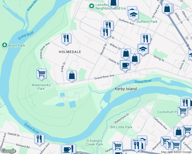 map of restaurants, bars, coffee shops, grocery stores, and more near 13 Lewis Street in Brantford