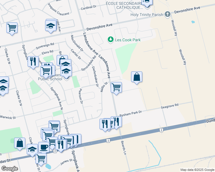 map of restaurants, bars, coffee shops, grocery stores, and more near 247 Lansdowne Avenue in Woodstock