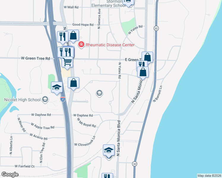 map of restaurants, bars, coffee shops, grocery stores, and more near 8115 North Whitney Road in Fox Point
