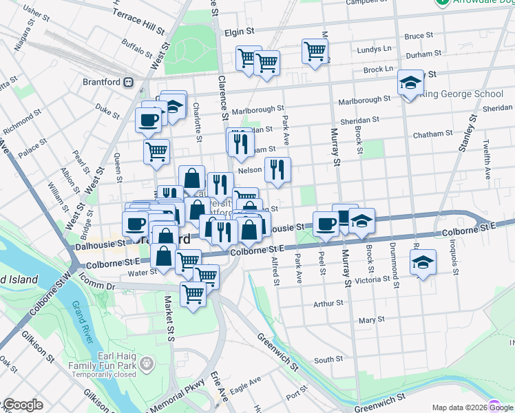 map of restaurants, bars, coffee shops, grocery stores, and more near 172 Darling Street in Brantford