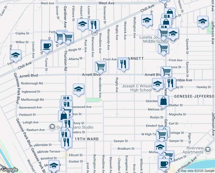 map of restaurants, bars, coffee shops, grocery stores, and more near 296 Aldine Street in Rochester