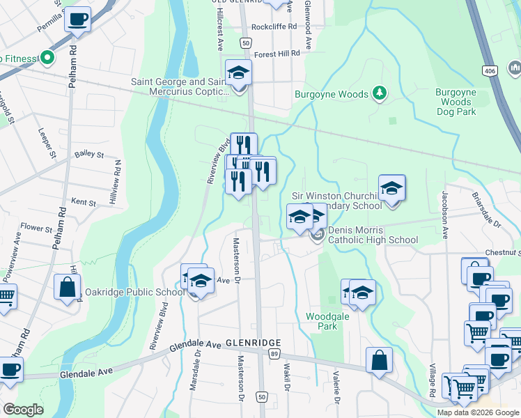 map of restaurants, bars, coffee shops, grocery stores, and more near 215 Glenridge Avenue in Saint Catharines
