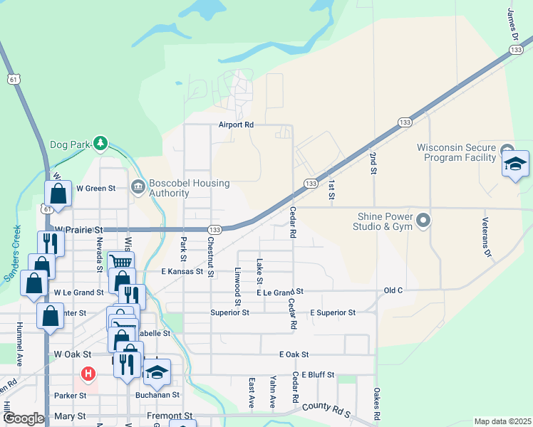map of restaurants, bars, coffee shops, grocery stores, and more near Wisconsin 133 Trunk in Boscobel