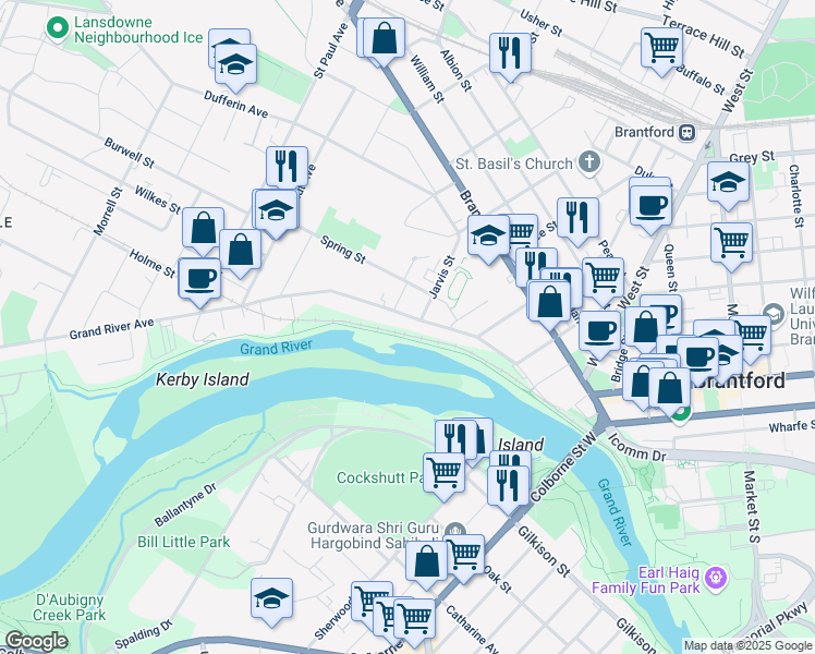 map of restaurants, bars, coffee shops, grocery stores, and more near 63 Grand River Avenue in Brantford